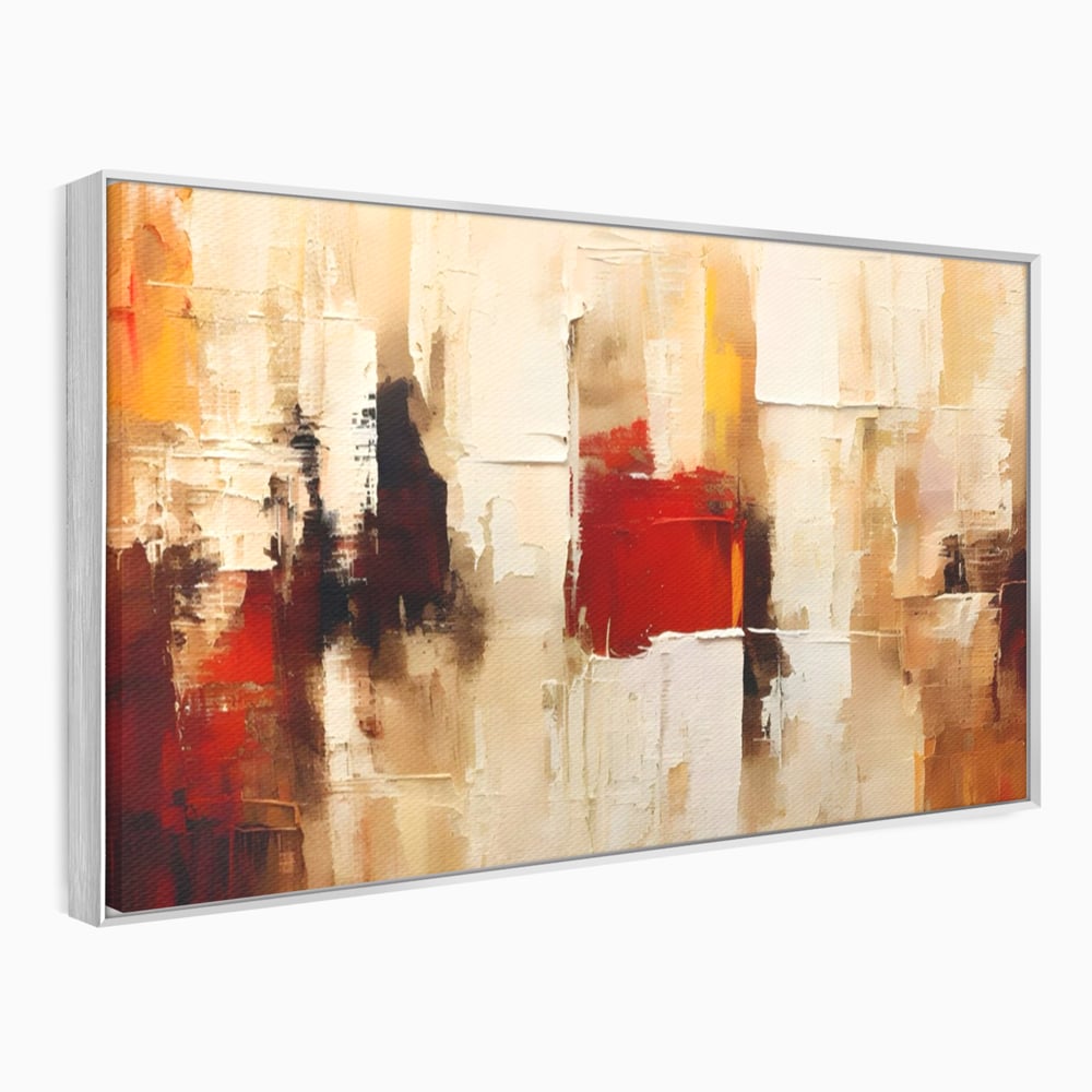Tablou canvas cu pictura abstracta cu pete de rosu si bej, in rama de aluminiu argintiu